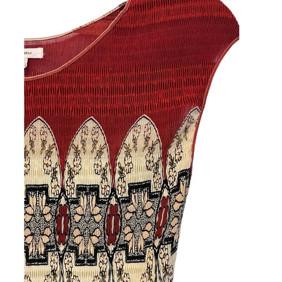 Sophie Max | Rust Cream Micropleat Smocked Bodice Cap Sleeve Midi Dress M - Picture 6 of 7